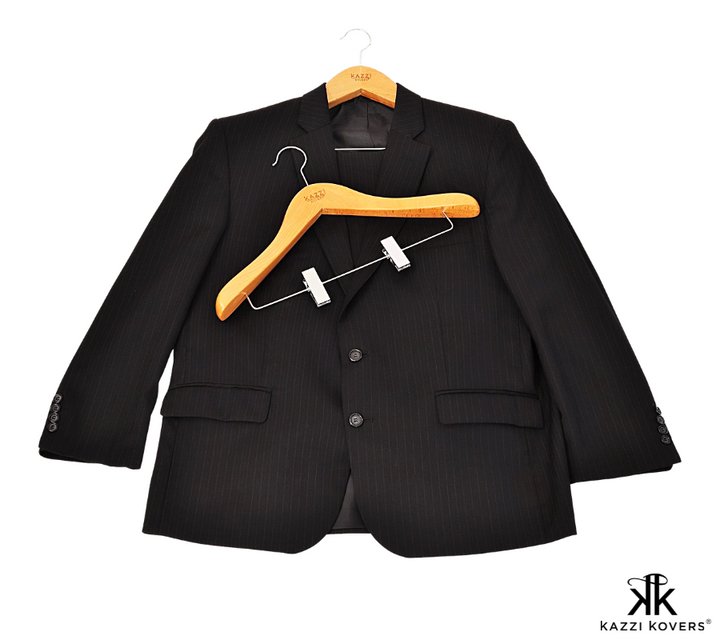 Black suit with wooden hangers with clips