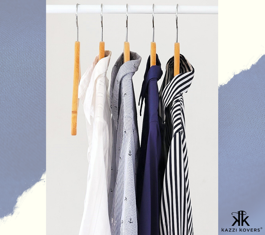 Wood hangers with hues of blue of white shirts | Side View